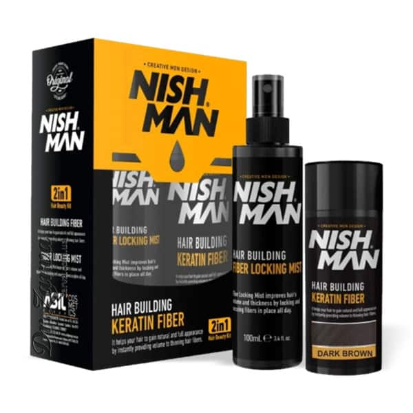 Камуфляжный набор для редеющих волос NISHMAN Hair Building Keratin Fiber Dark Brown (темно-коричневый) 20 г + 100 мл