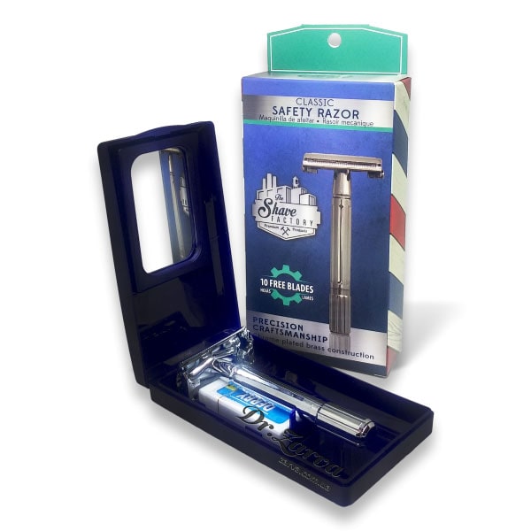 Станок для бритья Т-образный с закрытым гребнем THE SHAVE FACTORY Classic с чехлом и лезвиями