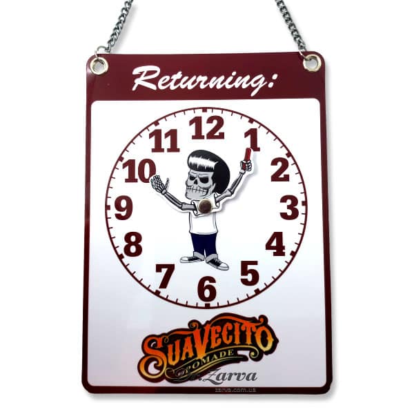 Табличка на дверь в барбершоп SUAVECITO (вернусь в такое-то время)